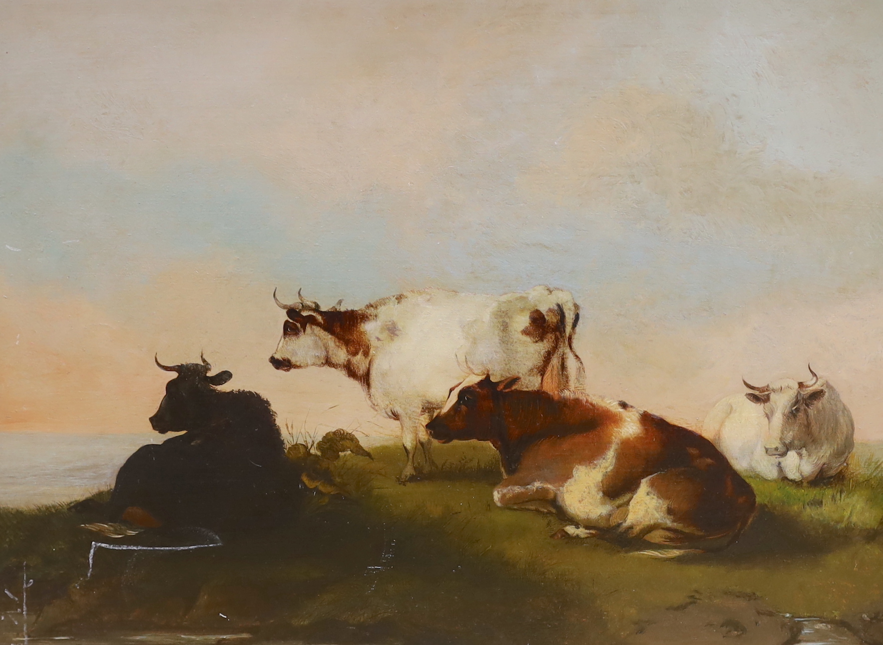 Manner of Thomas Sidney Cooper (1803-1902), oil on board, Cattle before landscape, unsigned, applied plaque to the frame, 29 x 39cm